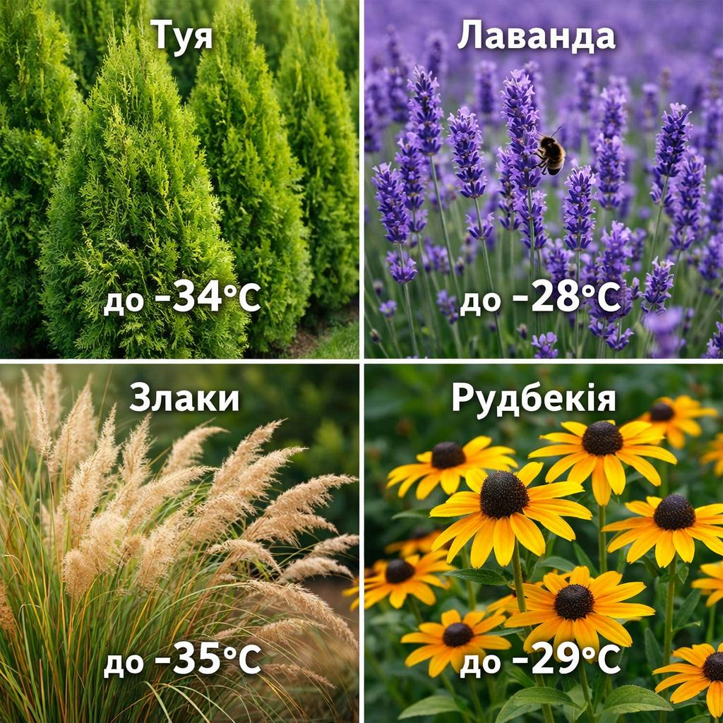 Рослини витримують морози: Туя до -34°C, Лаванда до -28°C, Злаки до -35°C, Рудбекія до -29°C